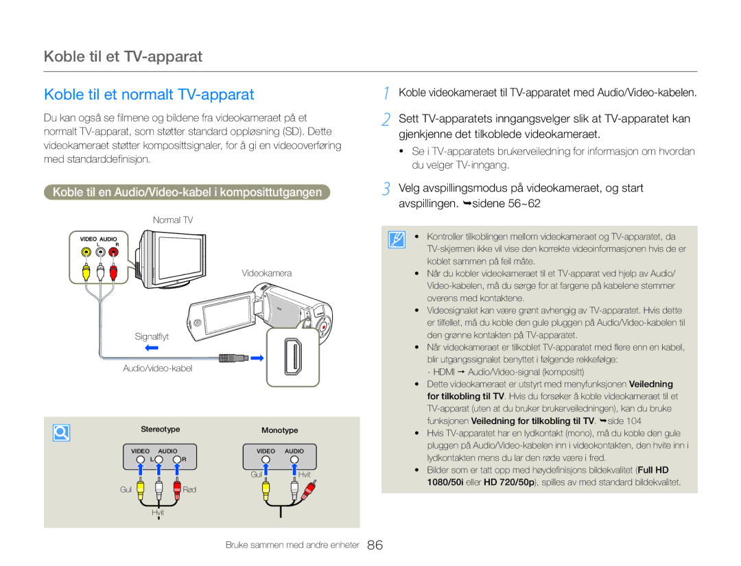 Samsung HMX-QF30BP/EDC, HMX-QF30WP/EDC manual Koble til et TV-apparat, Koble til et normalt TV-apparat 