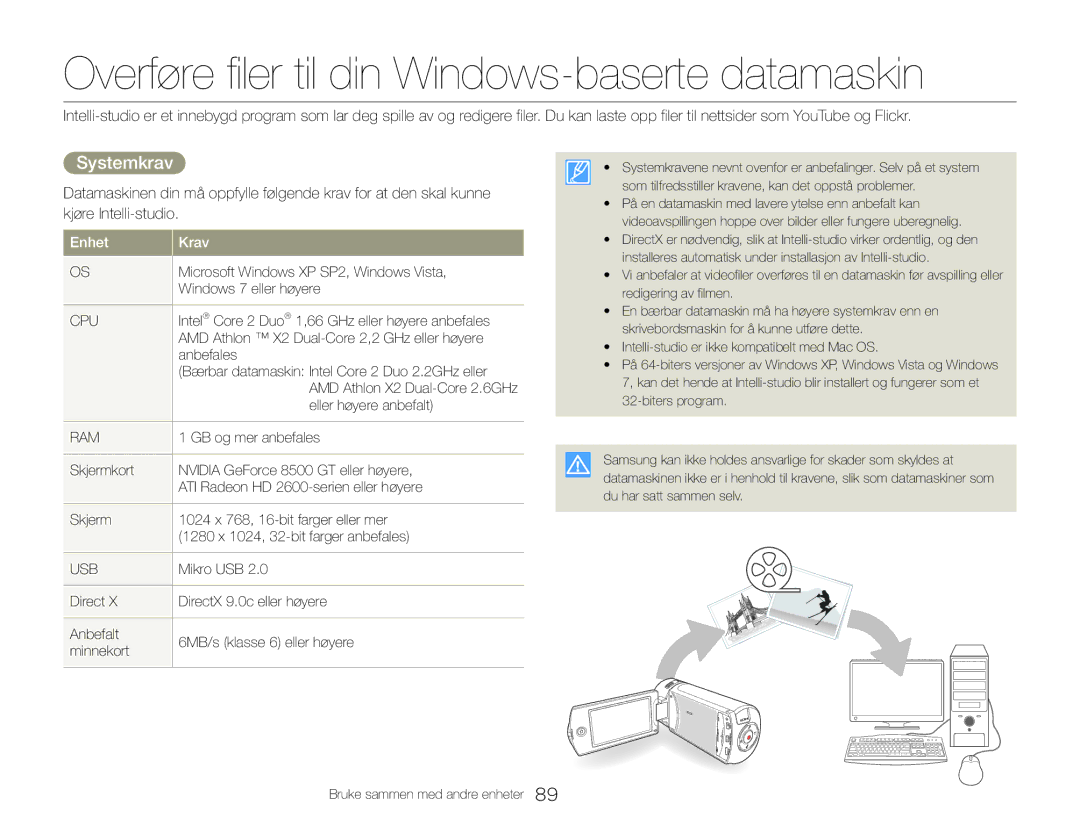 Samsung HMX-QF30WP/EDC, HMX-QF30BP/EDC manual Overføre filer til din Windows-baserte datamaskin, Systemkrav 