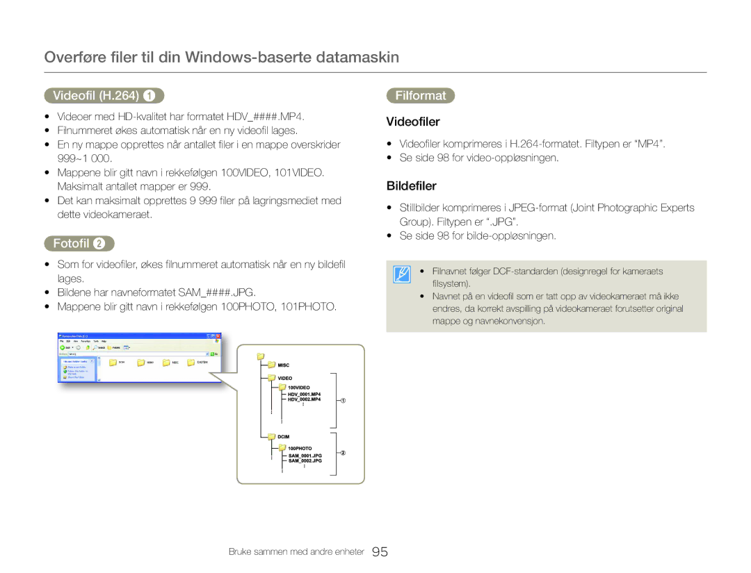 Samsung HMX-QF30WP/EDC, HMX-QF30BP/EDC manual Videofil H.264, Fotofil, Filformat, Videofiler, Bildefiler 