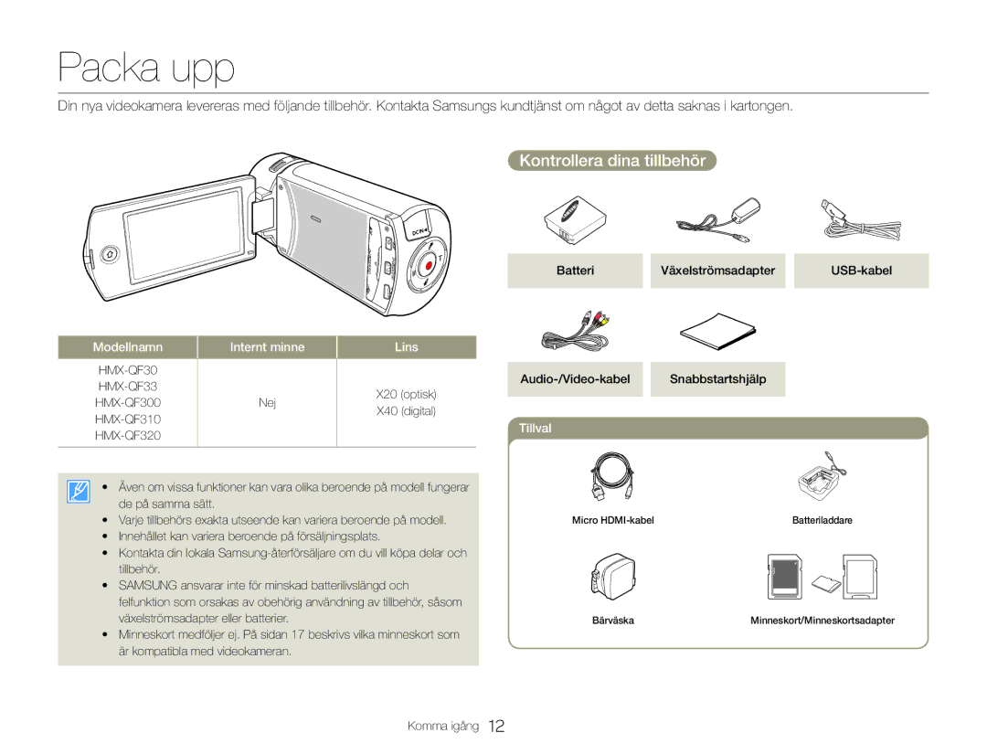 Samsung HMX-QF30BP/EDC, HMX-QF30WP/EDC manual Packa upp, Kontrollera dina tillbehör 