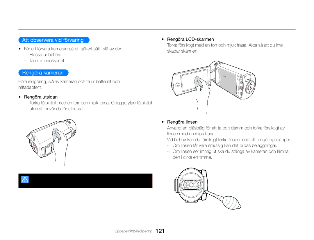 Samsung HMX-QF30WP/EDC, HMX-QF30BP/EDC manual Underhåll, Att observera vid förvaring, Rengöra kameran 