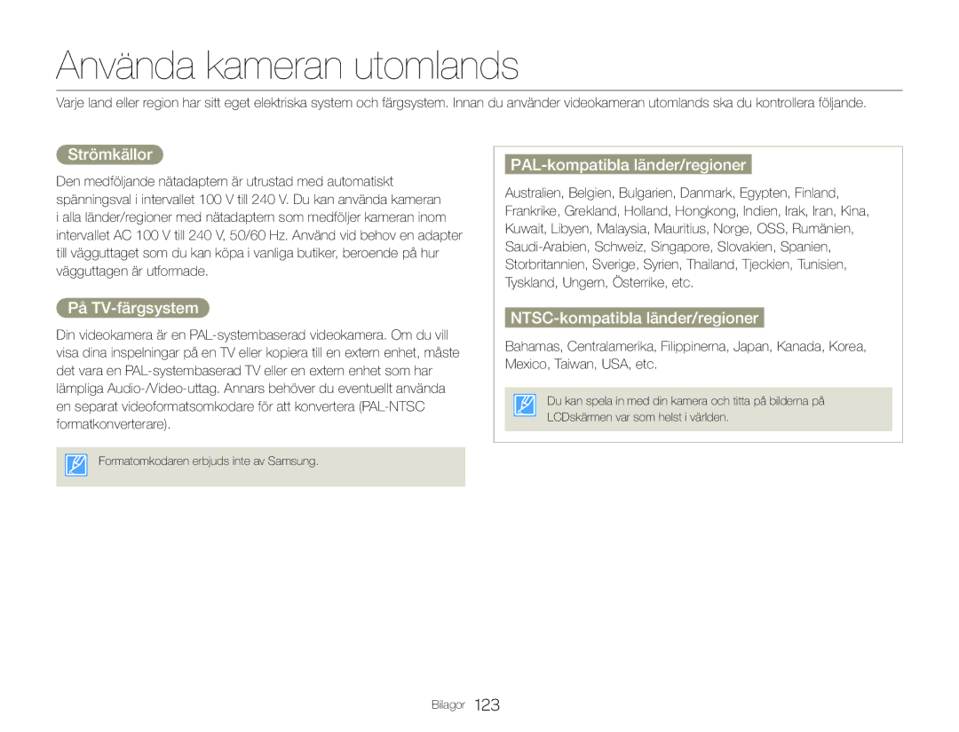 Samsung HMX-QF30WP/EDC manual Använda kameran utomlands, Strömkällor, På TV-färgsystem, PAL-kompatibla länder/regioner 