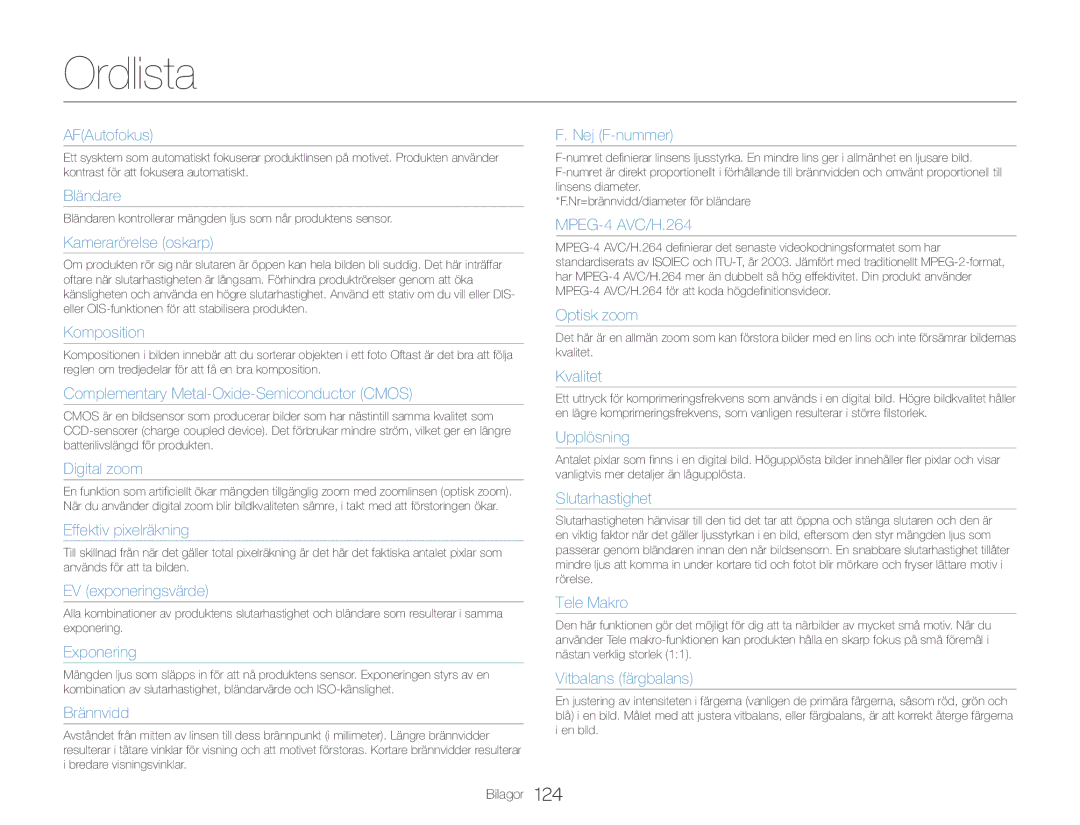 Samsung HMX-QF30BP/EDC, HMX-QF30WP/EDC manual Ordlista, AFAutofokus 