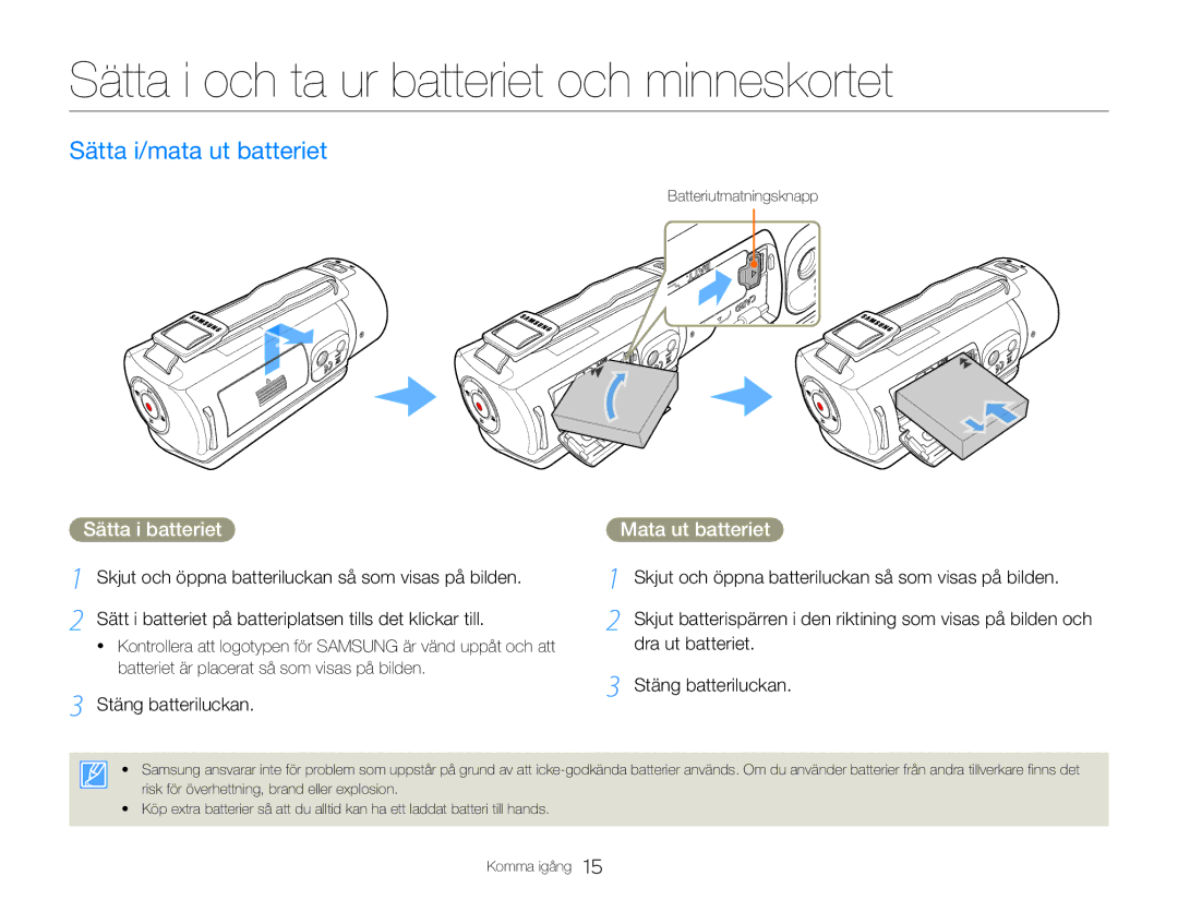 Samsung HMX-QF30WP/EDC manual Sätta i och ta ur batteriet och minneskortet, Sätta i/mata ut batteriet, Sätta i batteriet 