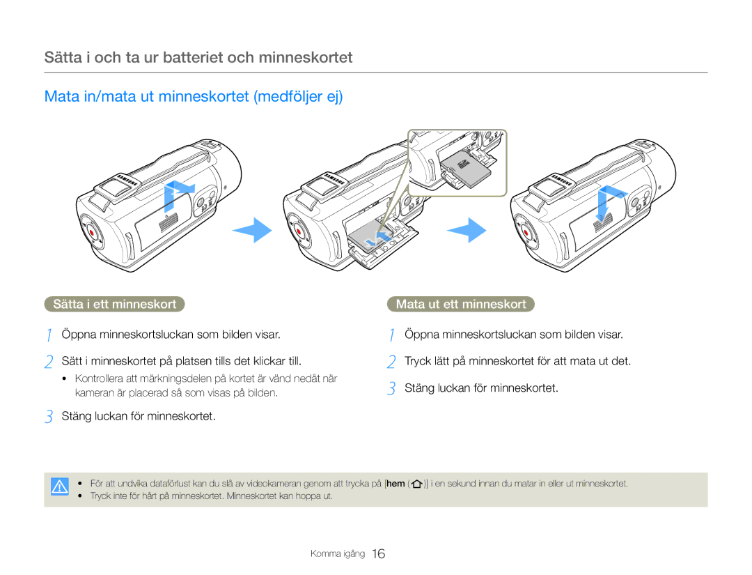 Samsung HMX-QF30BP/EDC manual Sätta i och ta ur batteriet och minneskortet, Mata in/mata ut minneskortet medföljer ej 