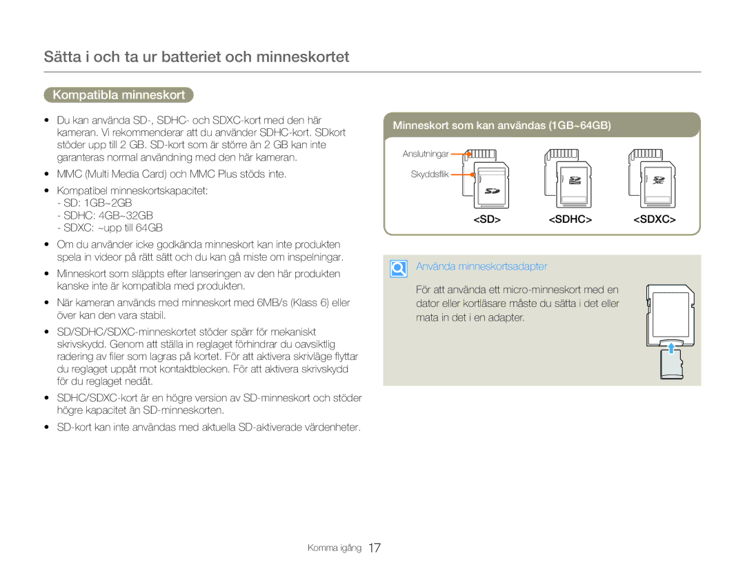 Samsung HMX-QF30WP/EDC, HMX-QF30BP/EDC manual Kompatibla minneskort, Använda minneskortsadapter 