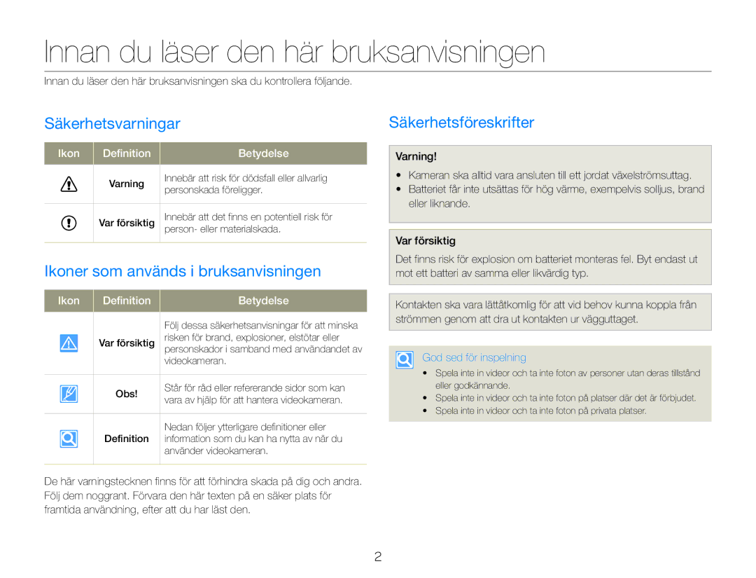 Samsung HMX-QF30BP/EDC Innan du läser den här bruksanvisningen, Säkerhetsvarningar, Ikoner som används i bruksanvisningen 