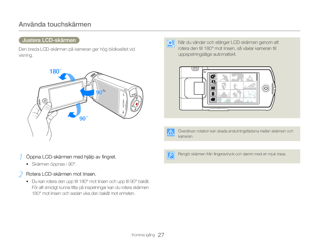 Samsung HMX-QF30WP/EDC manual Justera LCD-skärmen, Öppna LCD-skärmen med hjälp av fingret, Rotera LCD-skärmen mot linsen 