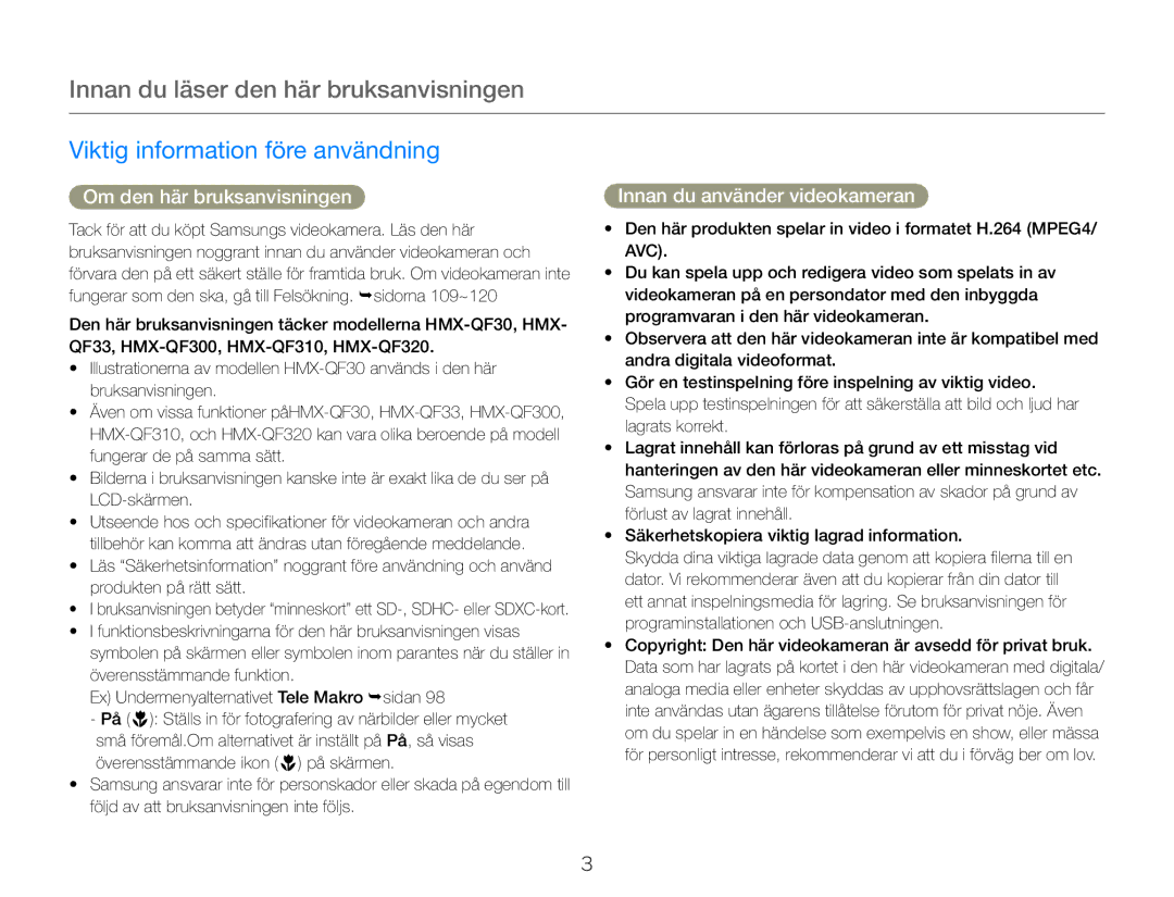 Samsung HMX-QF30WP/EDC, HMX-QF30BP/EDC manual Innan du läser den här bruksanvisningen, Viktig information före användning 