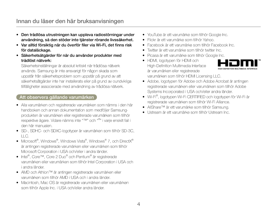 Samsung HMX-QF30BP/EDC, HMX-QF30WP/EDC manual Att observera gällande varumärken 