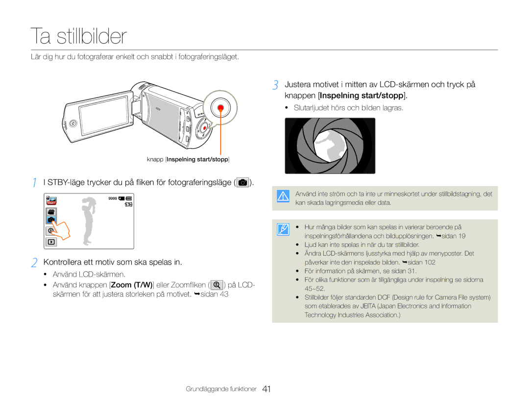 Samsung HMX-QF30WP/EDC, HMX-QF30BP/EDC manual Ta stillbilder, STBY-läge trycker du på fliken för fotograferingsläge 