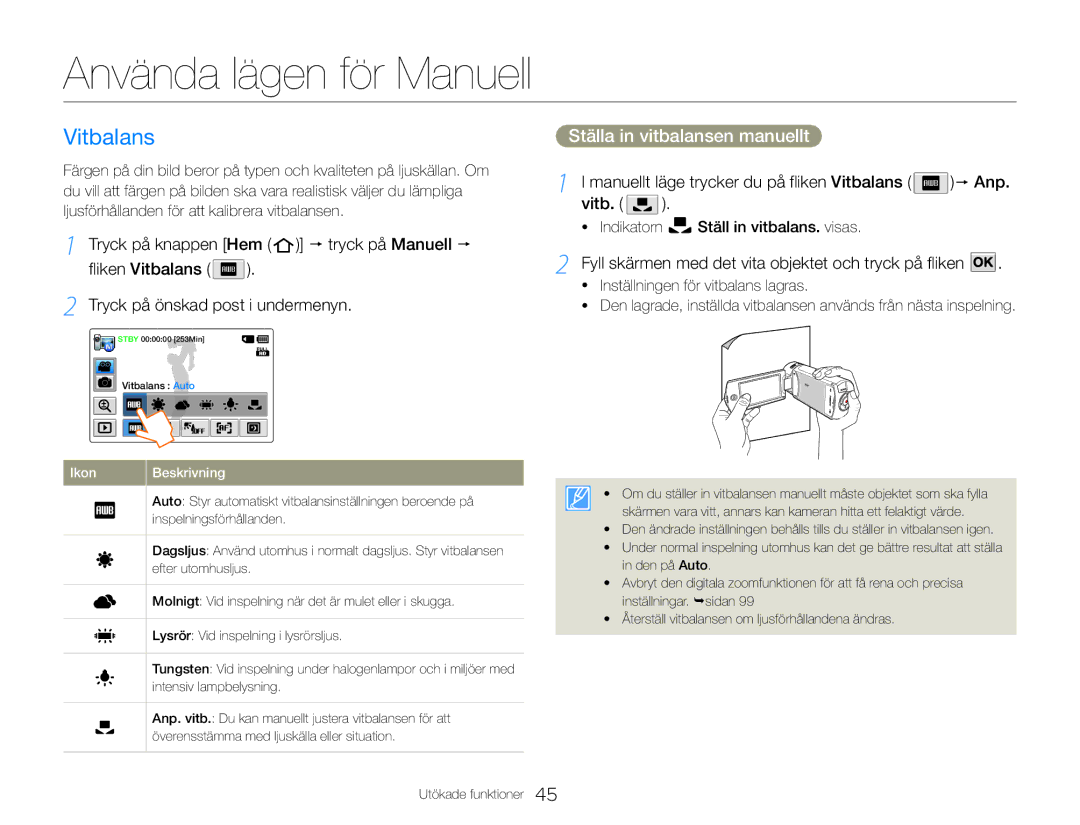 Samsung HMX-QF30WP/EDC, HMX-QF30BP/EDC manual Använda lägen för Manuell, Vitbalans, Ställa in vitbalansen manuellt 