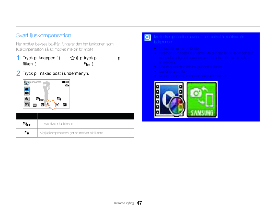 Samsung HMX-QF30WP/EDC, HMX-QF30BP/EDC manual Svart ljuskompensation 