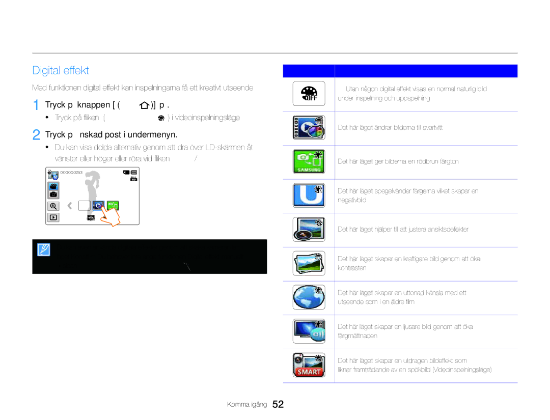 Samsung HMX-QF30BP/EDC, HMX-QF30WP/EDC manual Använda konstfilmslägen, Digital effekt, Tryck på knappen Hem  Konstfilm 