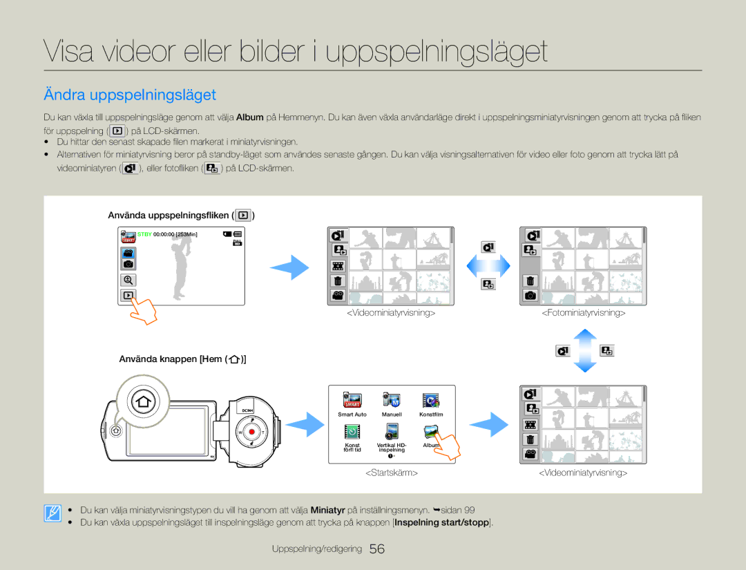 Samsung HMX-QF30BP/EDC, HMX-QF30WP/EDC manual Visa videor eller bilder i uppspelningsläget, Ändra uppspelningsläget 