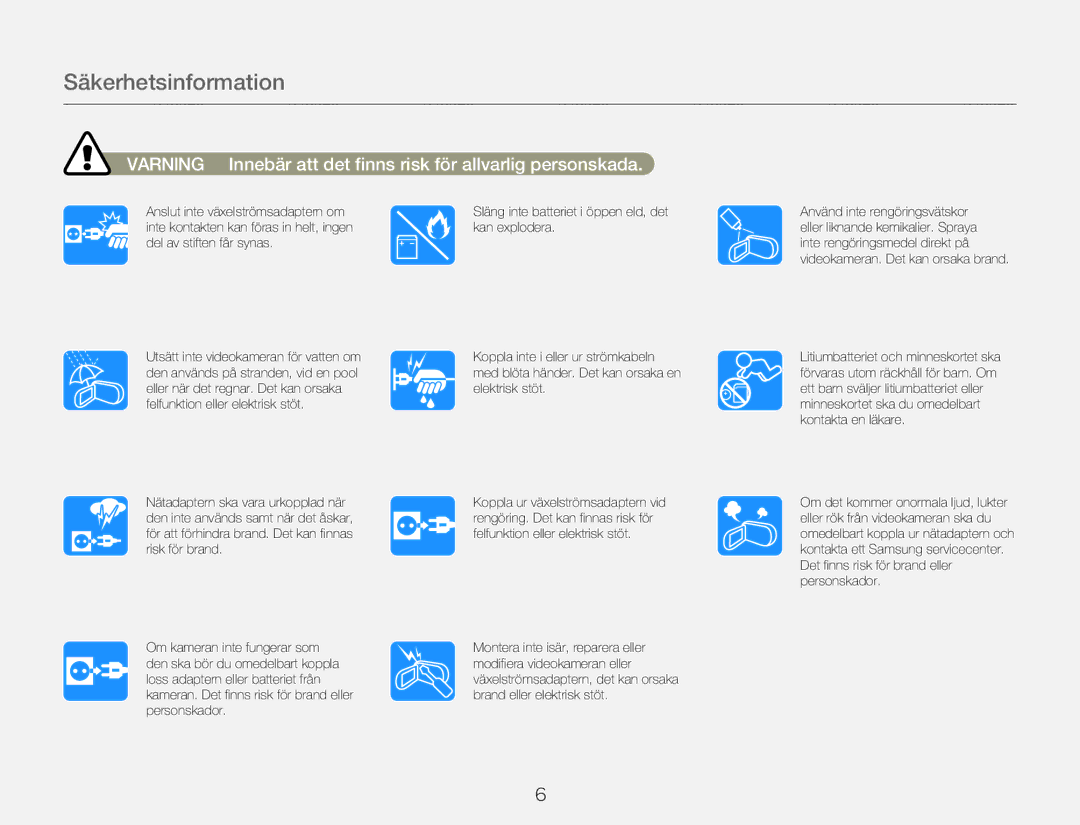 Samsung HMX-QF30BP/EDC, HMX-QF30WP/EDC manual Säkerhetsinformation 