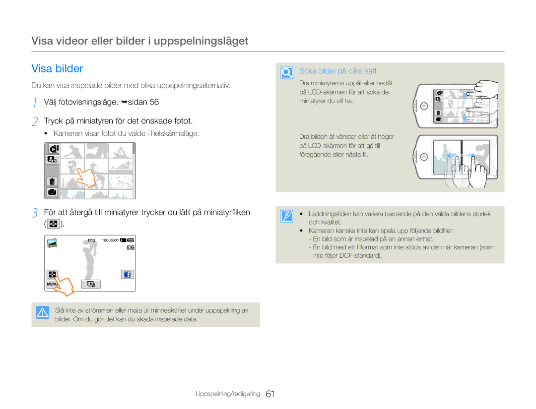 Samsung HMX-QF30WP/EDC manual Visa bilder, Kameran visar fotot du valde i helskärmsläge, Söka bilder på olika sätt 