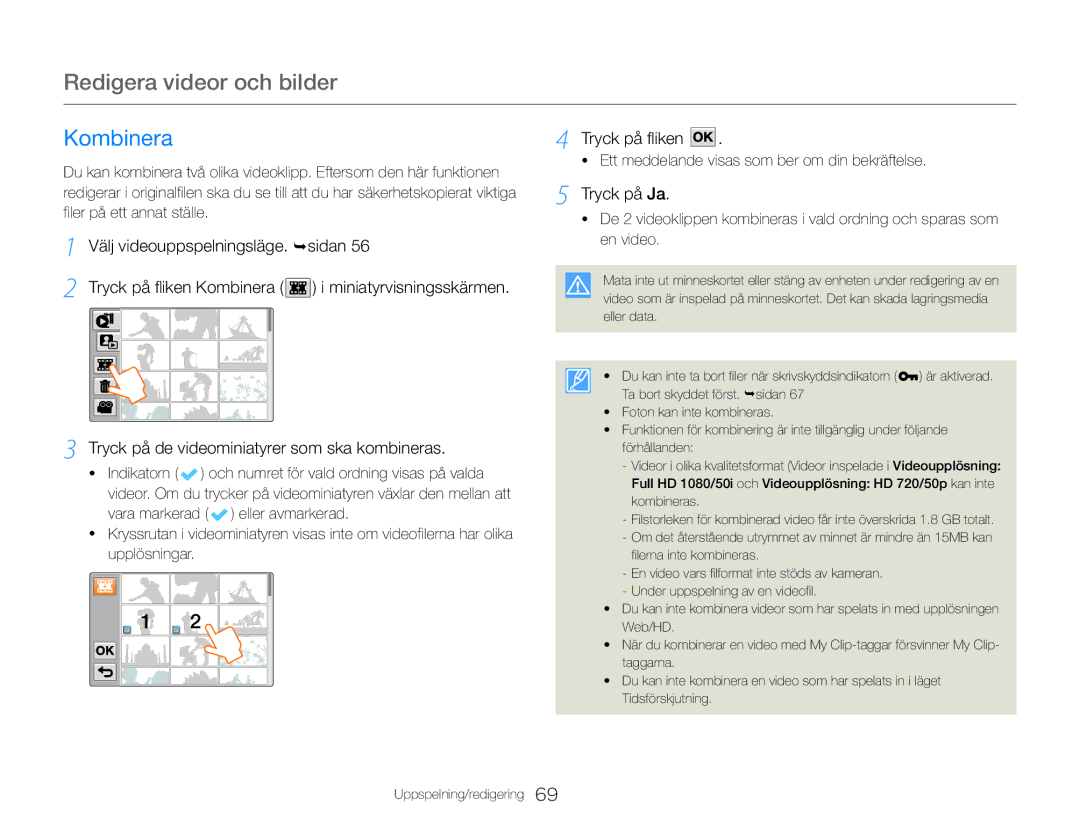 Samsung HMX-QF30WP/EDC, HMX-QF30BP/EDC manual Kombinera, Tryck på de videominiatyrer som ska kombineras 