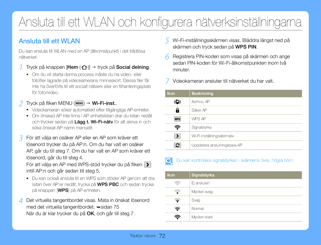 Samsung HMX-QF30BP/EDC, HMX-QF30WP/EDC manual Ansluta till ett Wlan, Tryck på knappen Hem  tryck på Social delning 