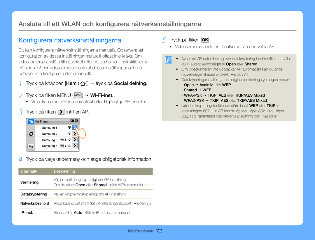 Samsung HMX-QF30WP/EDC manual Konfigurera nätverksinställningarna,  tryck på Social delning, Tryck på fliken intill en AP 