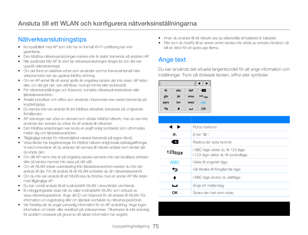 Samsung HMX-QF30WP/EDC, HMX-QF30BP/EDC manual Nätverksanslutningstips, Ange text, 123 /!@# 