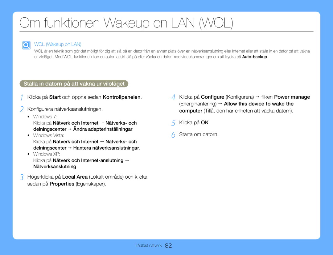 Samsung HMX-QF30BP/EDC Om funktionen Wakeup on LAN WOL, Ställa in datorn på att vakna ur viloläget, WOL Wakeup on LAN 