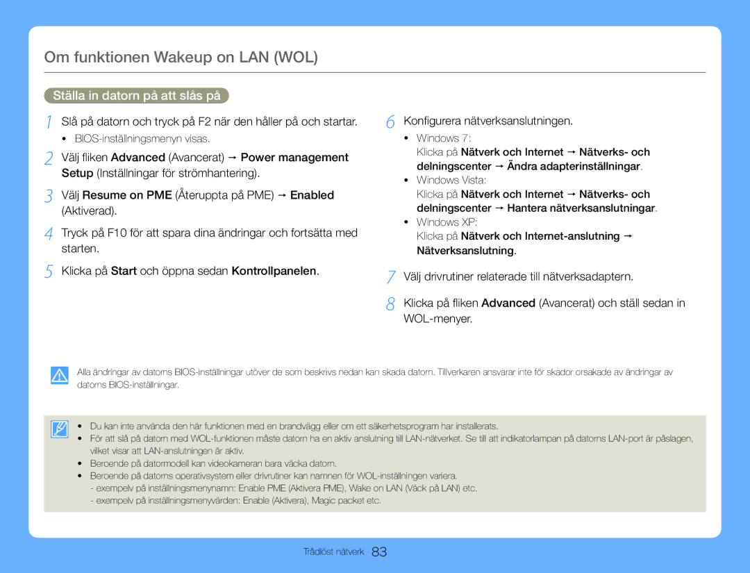 Samsung HMX-QF30WP/EDC, HMX-QF30BP/EDC manual Om funktionen Wakeup on LAN WOL, Ställa in datorn på att slås på 