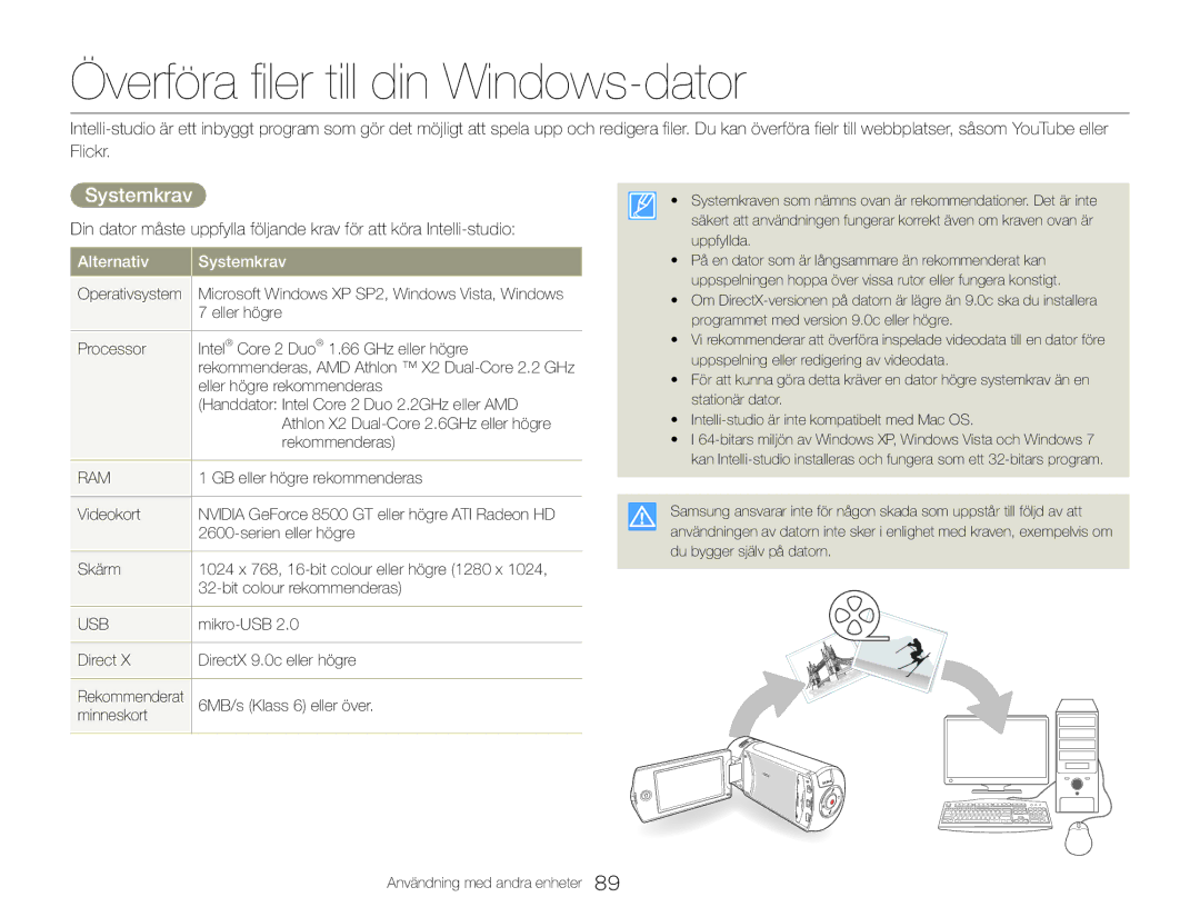 Samsung HMX-QF30WP/EDC, HMX-QF30BP/EDC manual Överföra filer till din Windows-dator, Systemkrav 