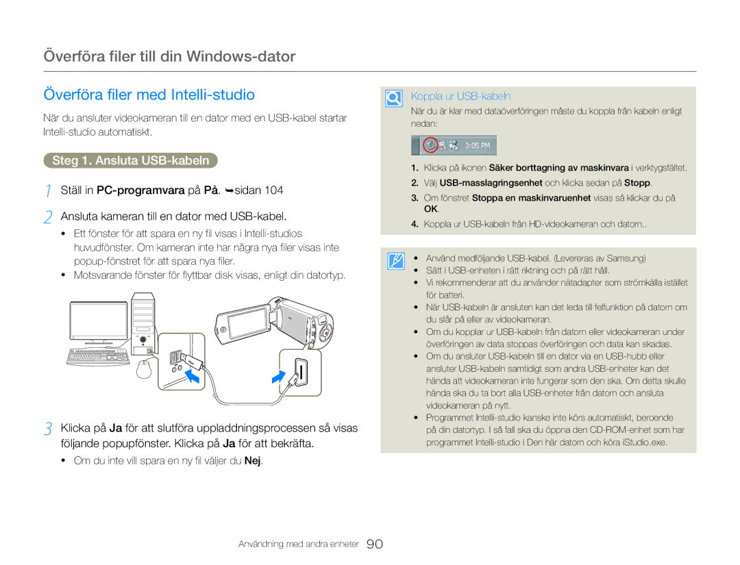 Samsung HMX-QF30BP/EDC Överföra filer till din Windows-dator, Överföra filer med Intelli-studio, Koppla ur USB-kabeln 