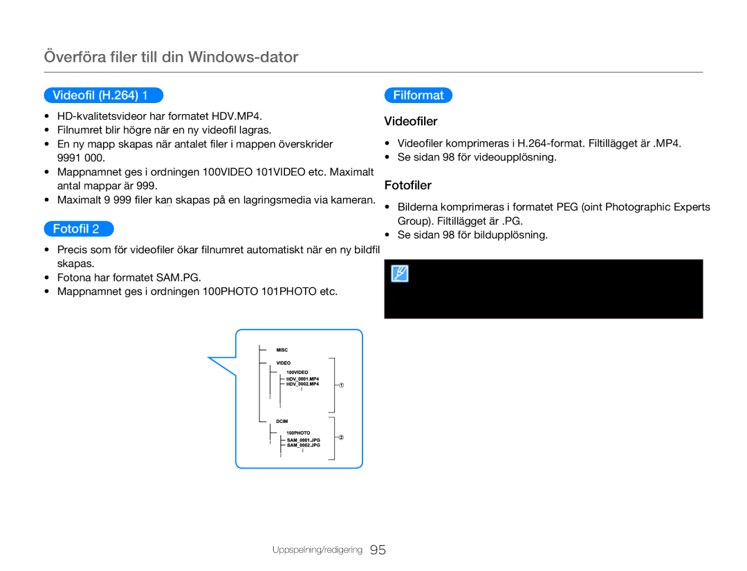 Samsung HMX-QF30WP/EDC, HMX-QF30BP/EDC manual Videofil H.264, Filformat, Videofiler, Fotofiler 