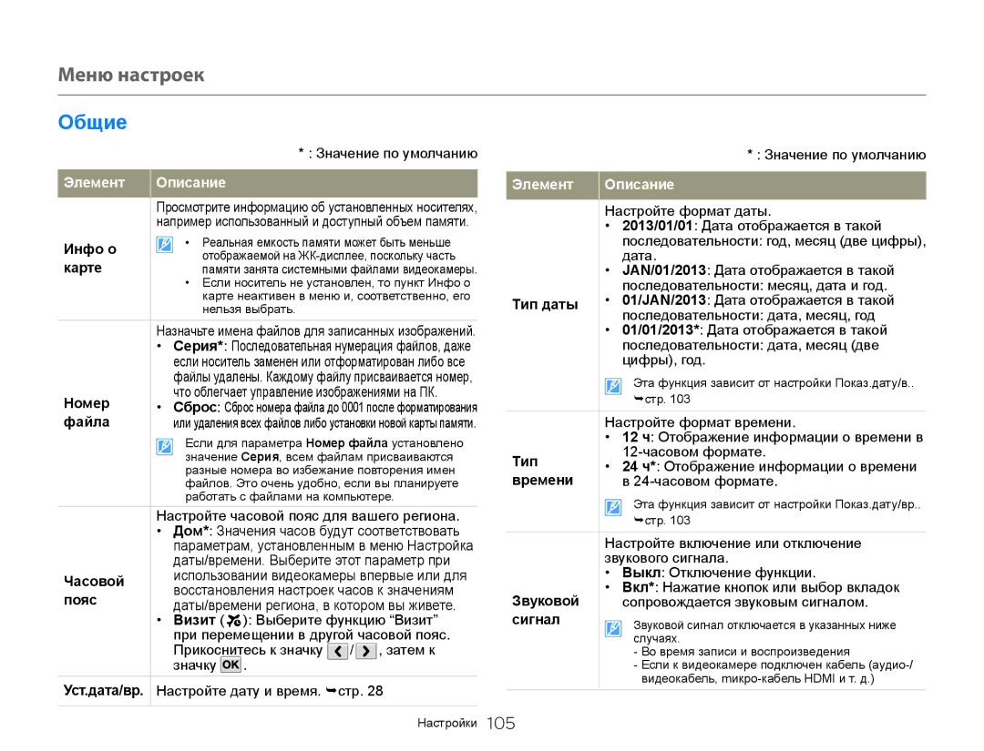 Samsung HMX-QF30BP/XEK, HMX-QF30BP/XER, HMX-QF30WP/XER manual Общие 