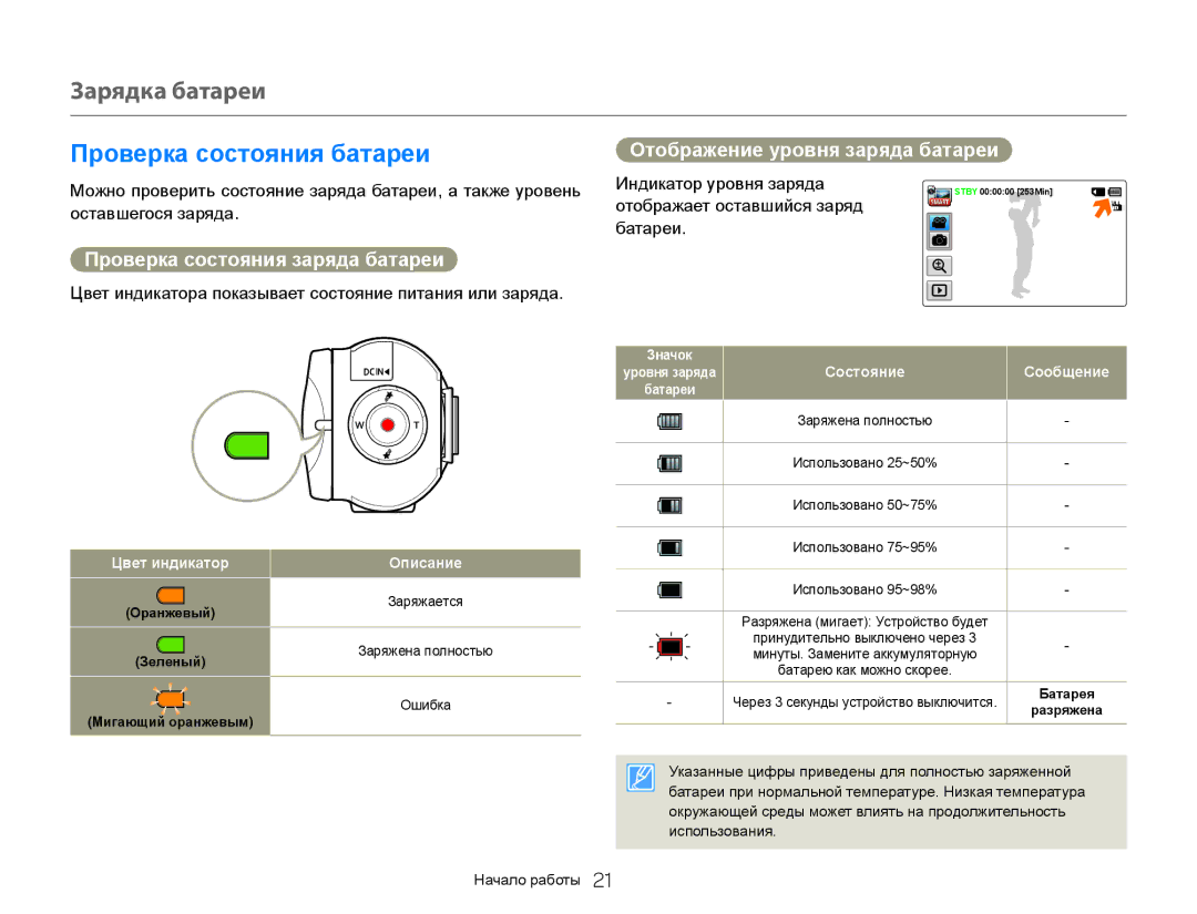 Samsung HMX-QF30BP/XEK, HMX-QF30BP/XER manual Зарядка батареи, Проверка состояния батареи, Проверка состояния заряда батареи 