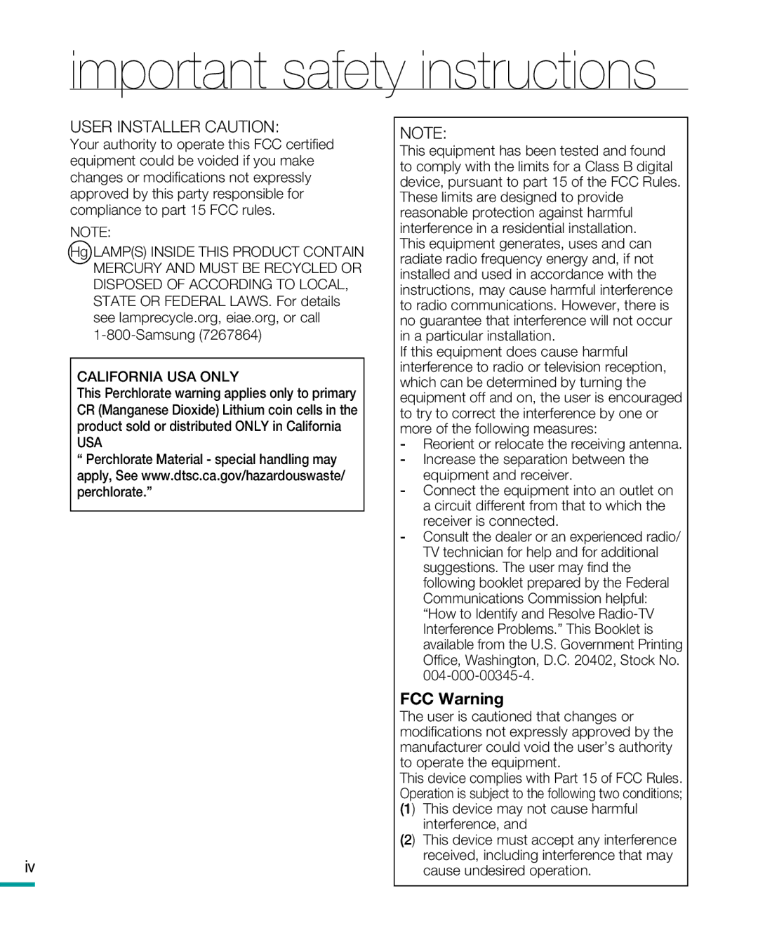 Samsung HMX-R10 user manual FCC Warning 