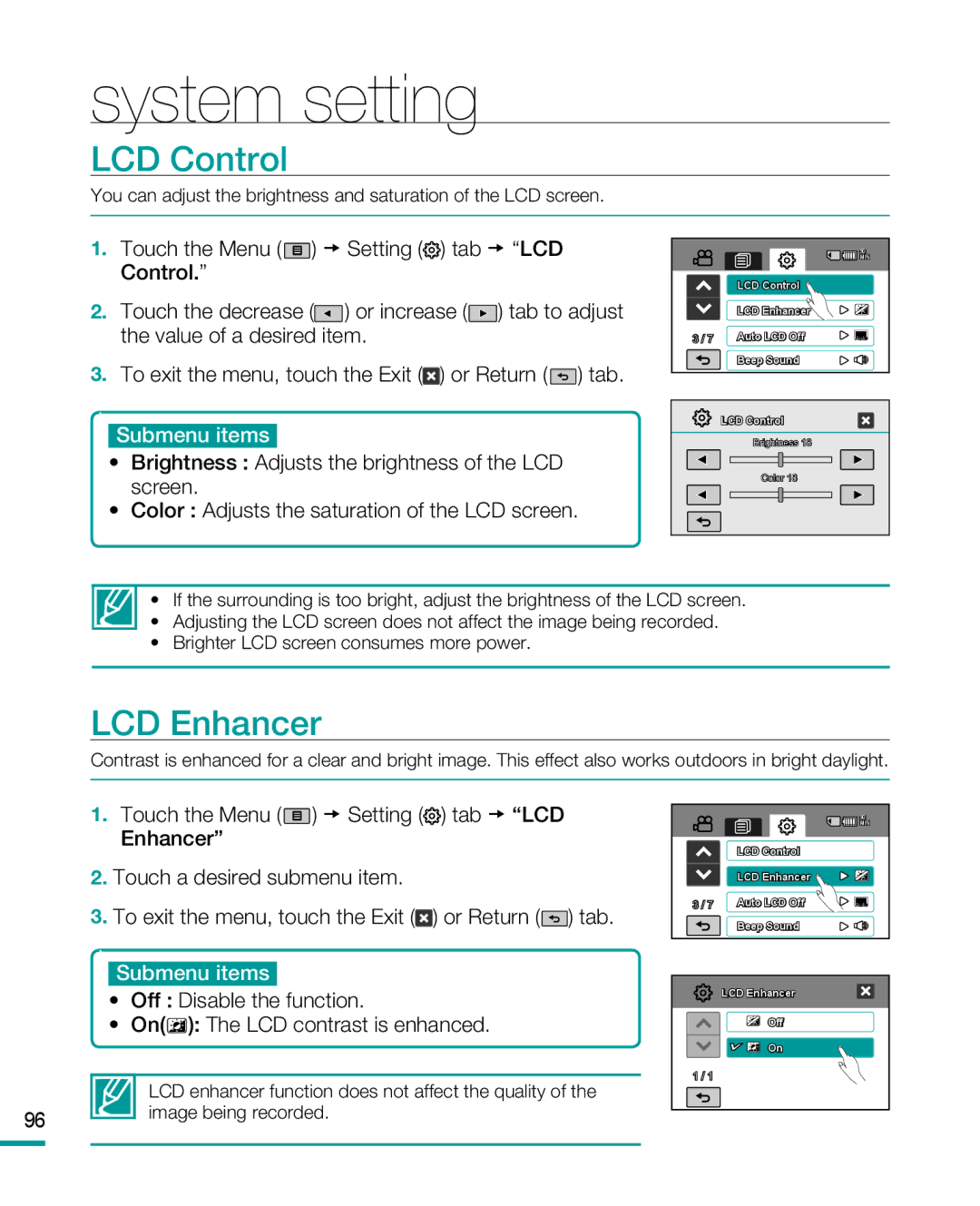 Samsung HMX-R10 user manual LCD Control, LCD Enhancer, Off Disable the function On The LCD contrast is enhanced 