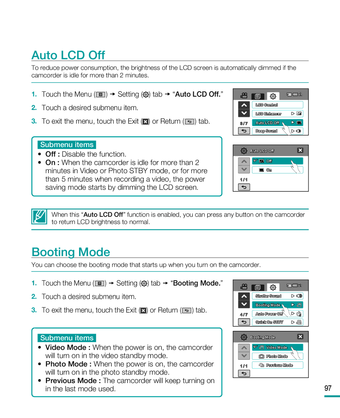 Samsung HMX-R10 user manual Auto LCD Off, Booting Mode, Off Disable the function 