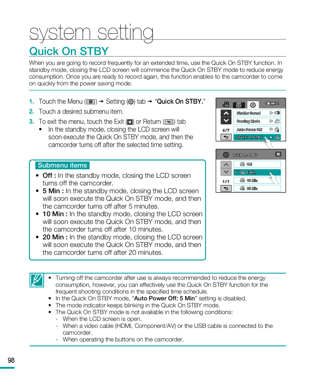 Samsung HMX-R10 user manual Quick On Stby 