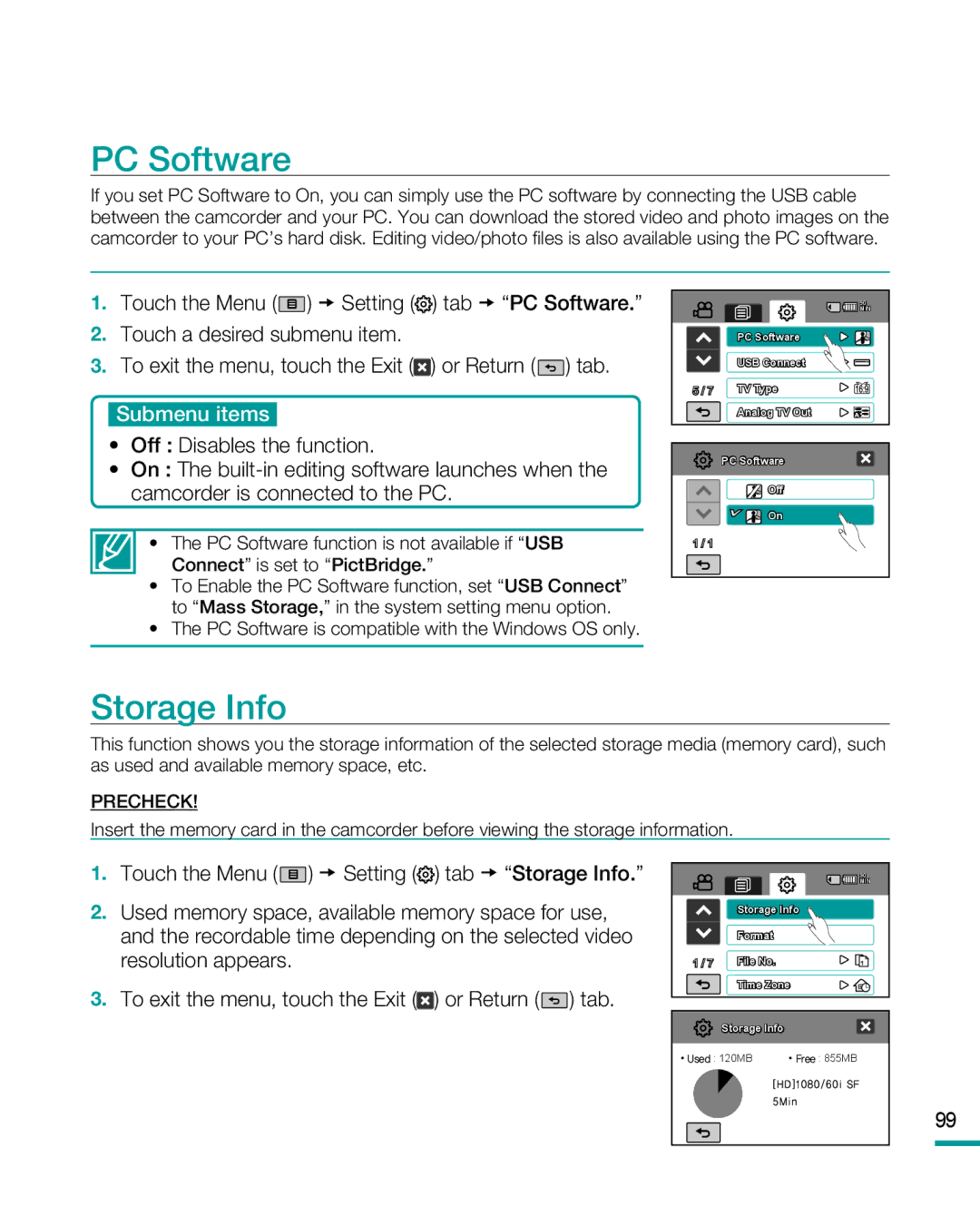 Samsung HMX-R10 user manual PC Software, Storage Info 