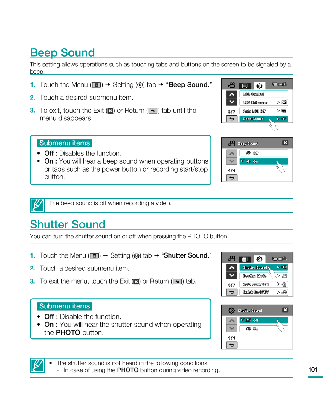 Samsung HMX-R10 user manual Beep Sound, Shutter Sound, 101 