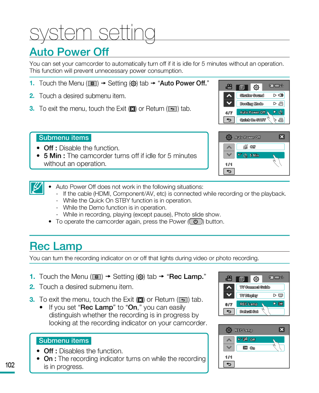 Samsung HMX-R10 user manual Auto Power Off, Rec Lamp, Is in progress 