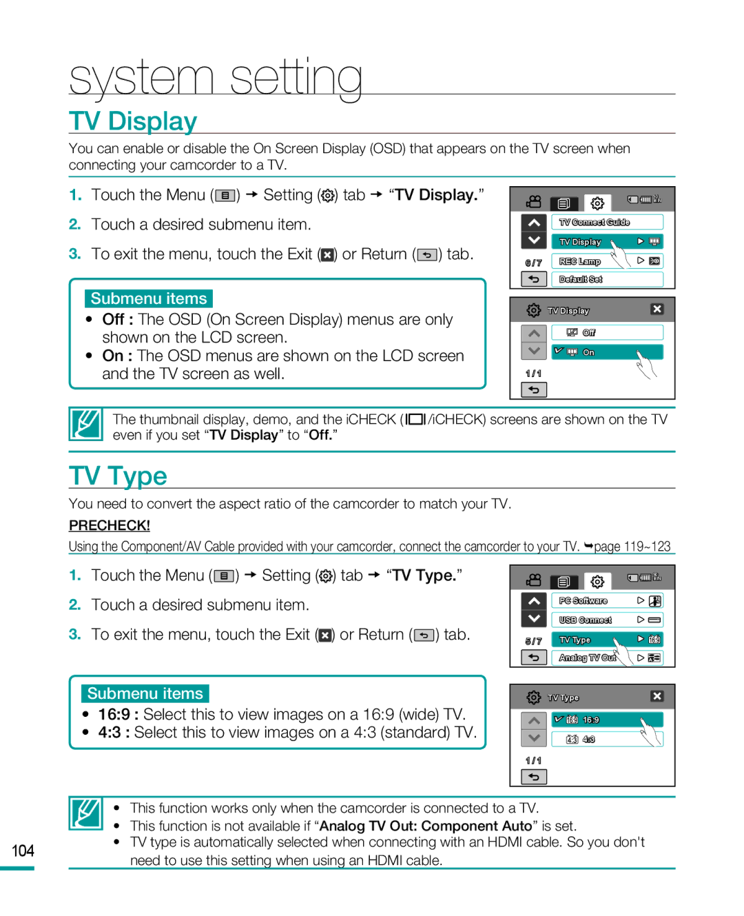 Samsung HMX-R10 user manual TV Display, TV Type 