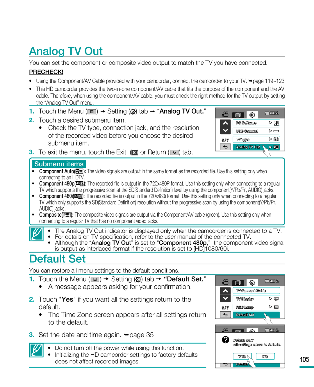 Samsung HMX-R10 user manual Analog TV Out, Default Set 