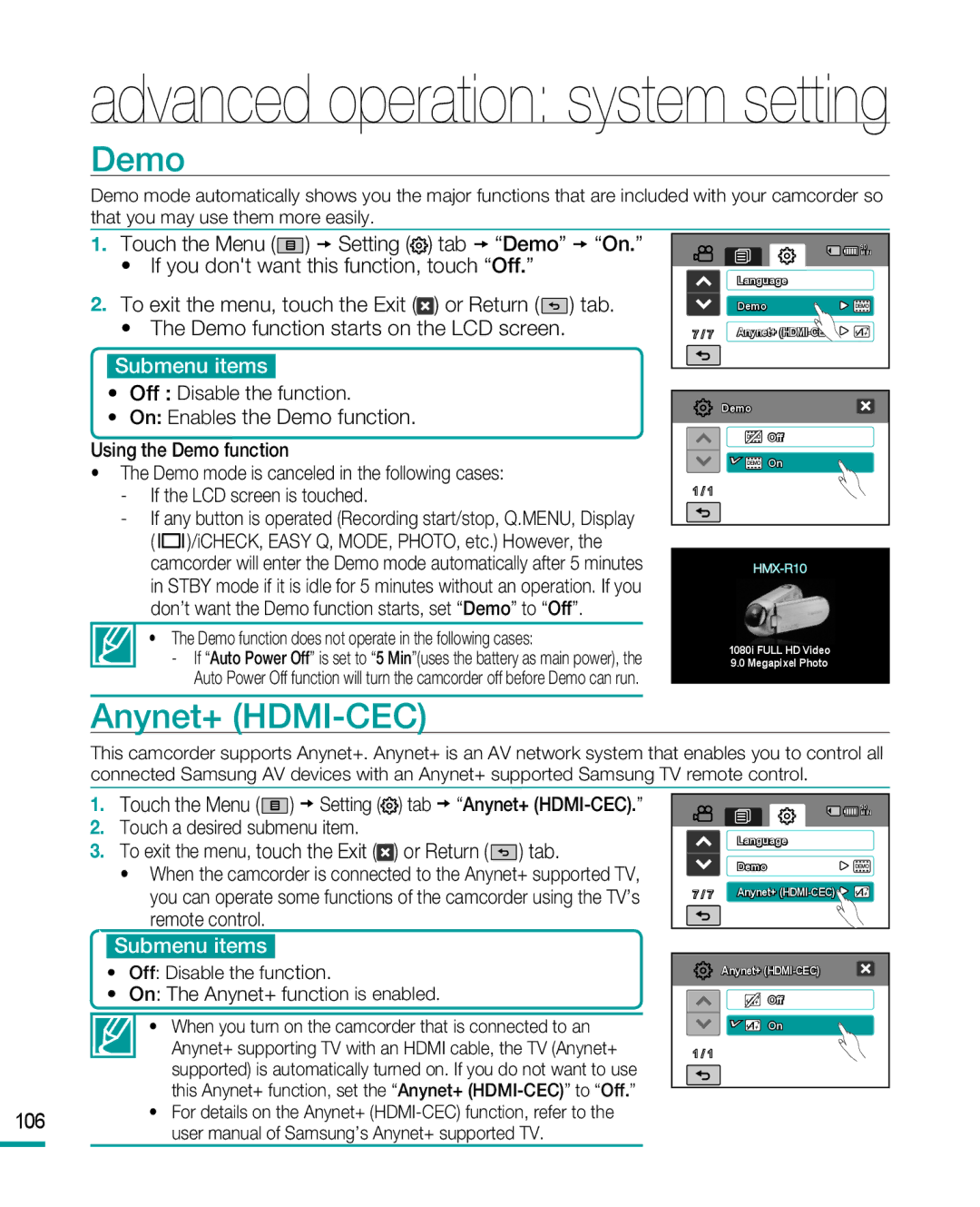 Samsung HMX-R10 user manual Anynet+ HDMI-CEC, On Enables the Demo function 