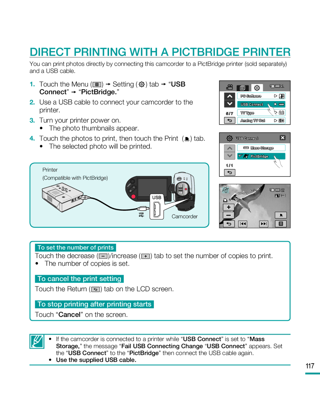 Samsung HMX-R10 user manual Direct Printing with a Pictbridge Printer, Touch the Return tab on the LCD screen, 11 