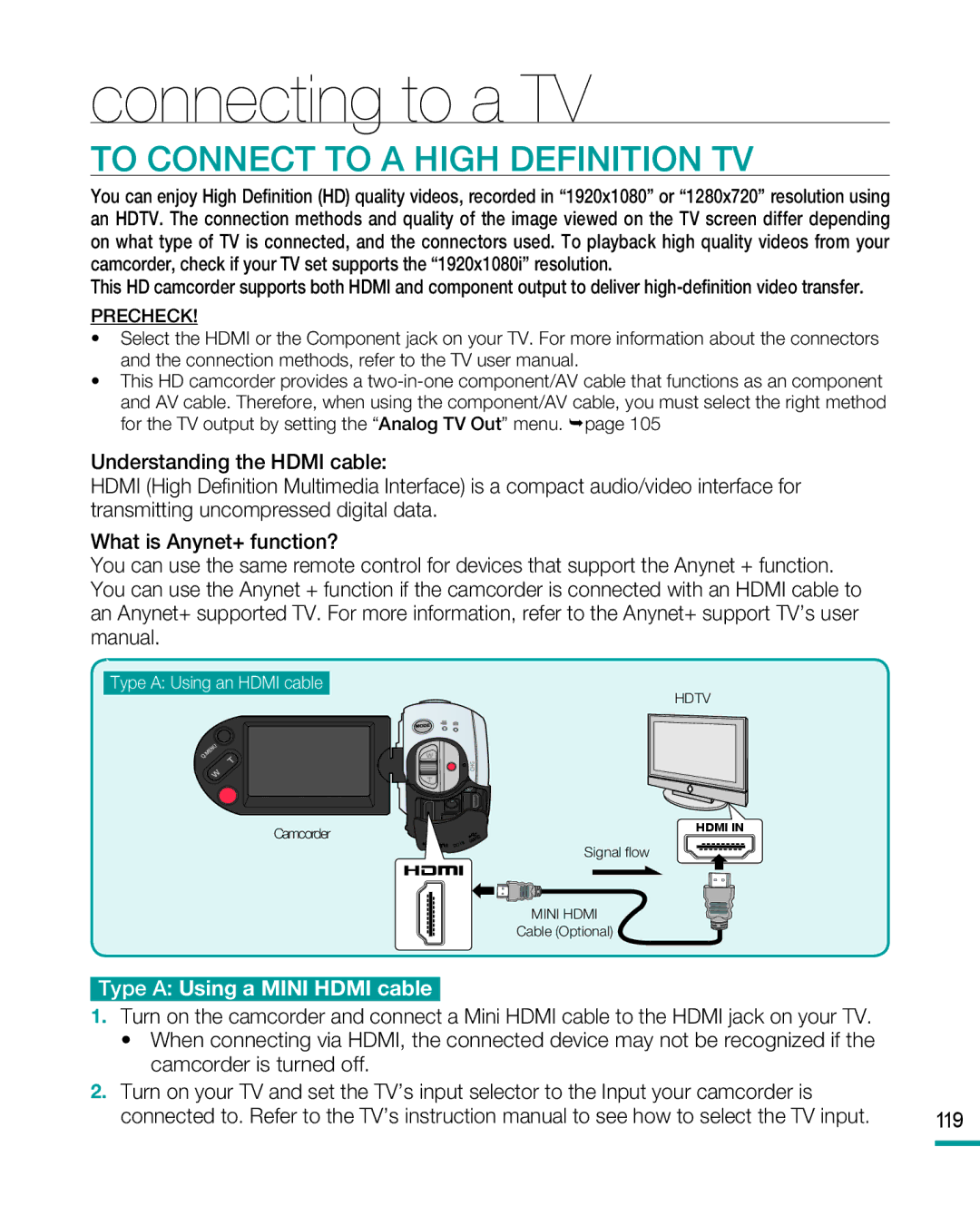 Samsung HMX-R10 user manual Connecting to a TV, To Connect to a High Definition TV 