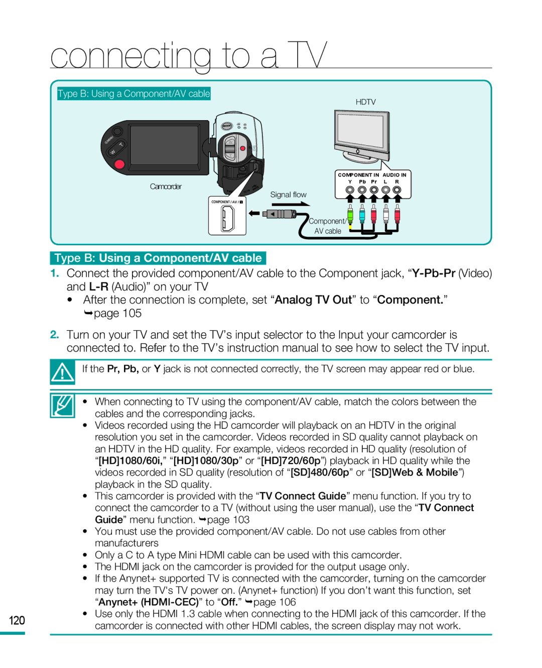 Samsung HMX-R10 user manual Type B Using a Component/AV cable 