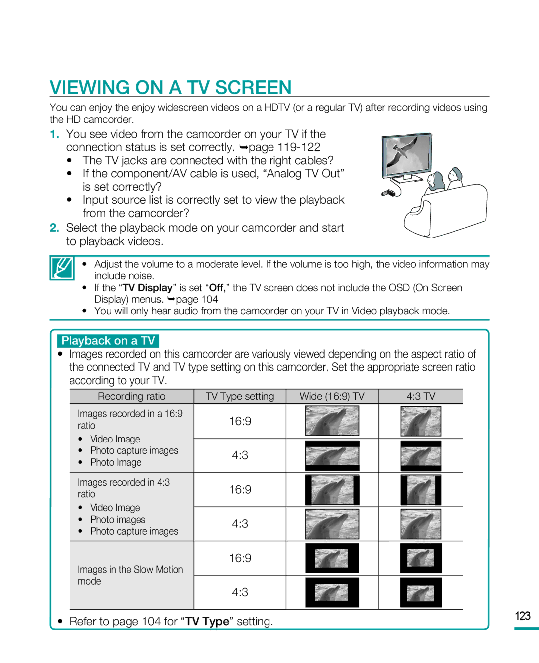 Samsung HMX-R10 user manual Viewing on a TV Screen, 169, 123, Refer to page 104 for TV Type setting 