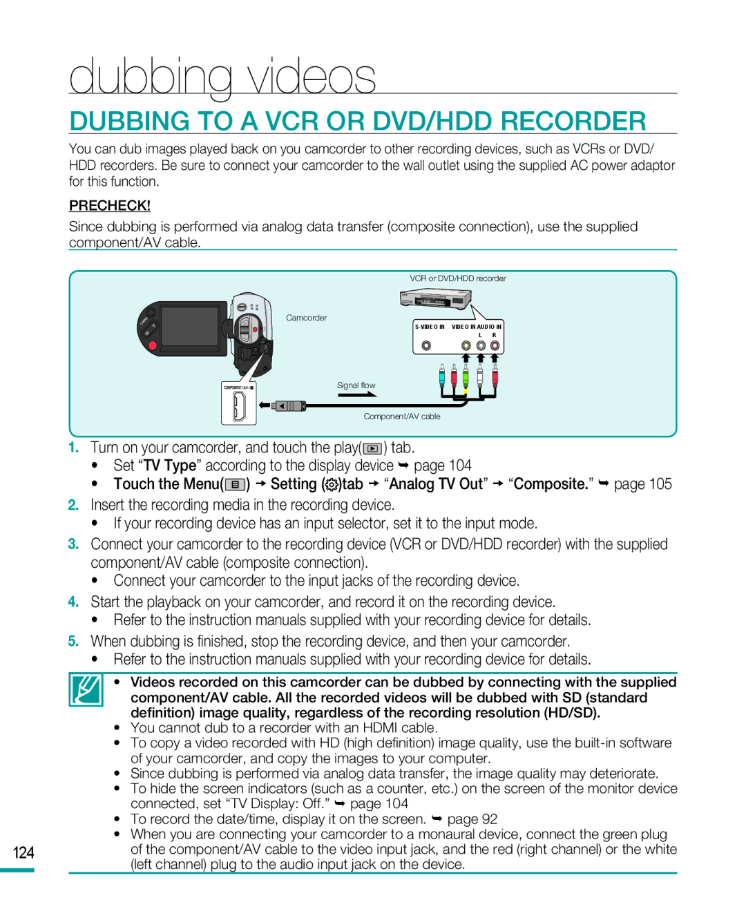 Samsung HMX-R10 user manual Dubbing videos, Dubbing to a VCR or DVD/HDD Recorder 