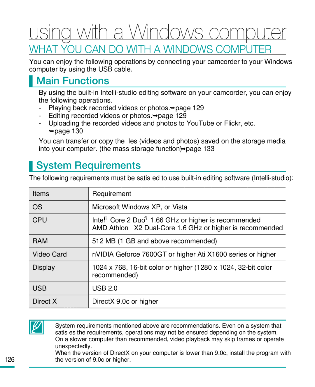 Samsung HMX-R10 user manual What YOU can do with a Windows Computer, Main Functions, System Requirements 