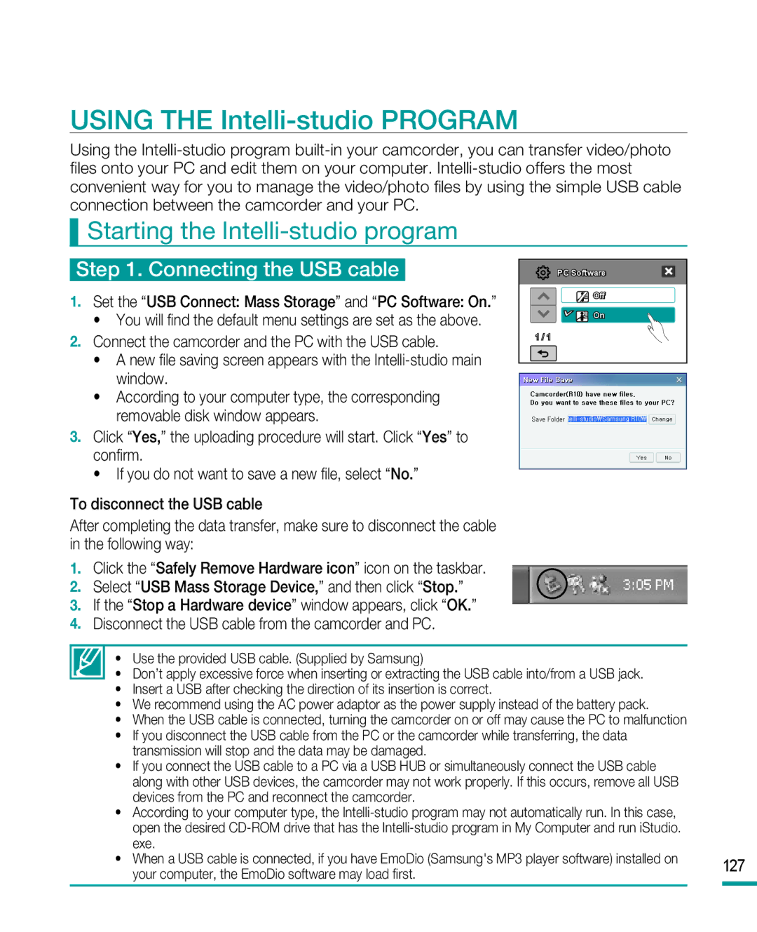 Samsung HMX-R10 user manual Using the Intelli-studio Program, Starting the Intelli-studio program 