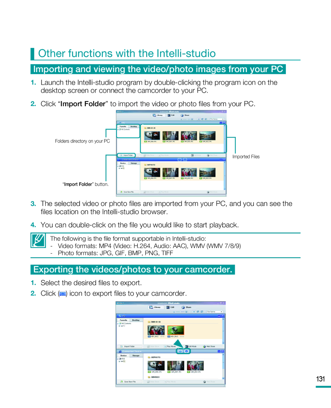 Samsung HMX-R10 Other functions with the Intelli-studio, Importing and viewing the video/photo images from your PC 